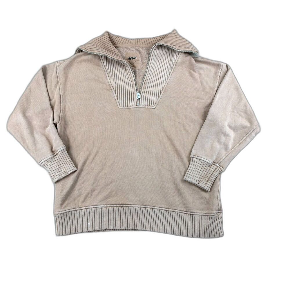 Aerie Women's Small Down To Earth Khaki Comfy Oversized Quarter Zip Sweatshirt